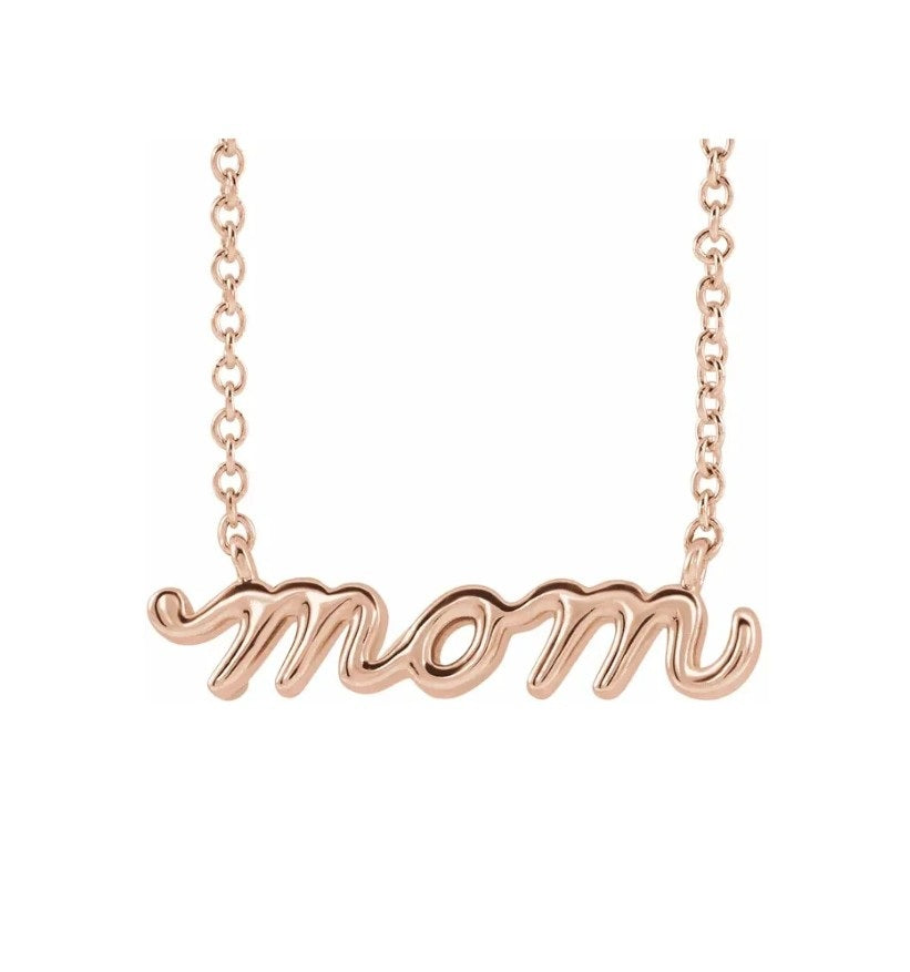 Petite Mom Script Necklace 14K