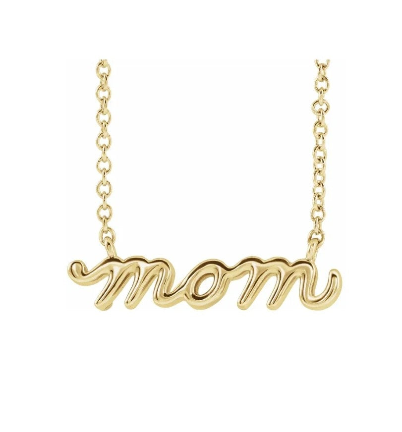 Petite Mom Script Necklace 14K