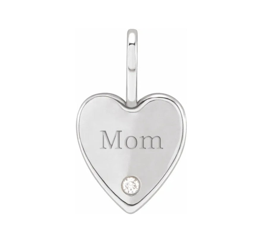 .02 CT Natural Diamond Engraved MOM Heart Charm/Pendant
