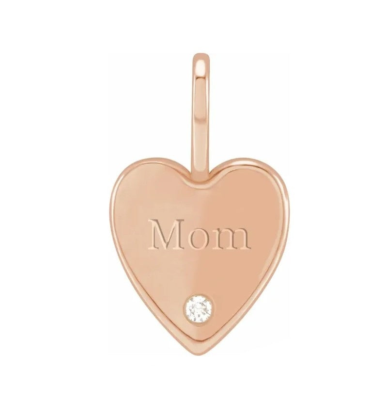 .02 CT Natural Diamond Engraved MOM Heart Charm/Pendant