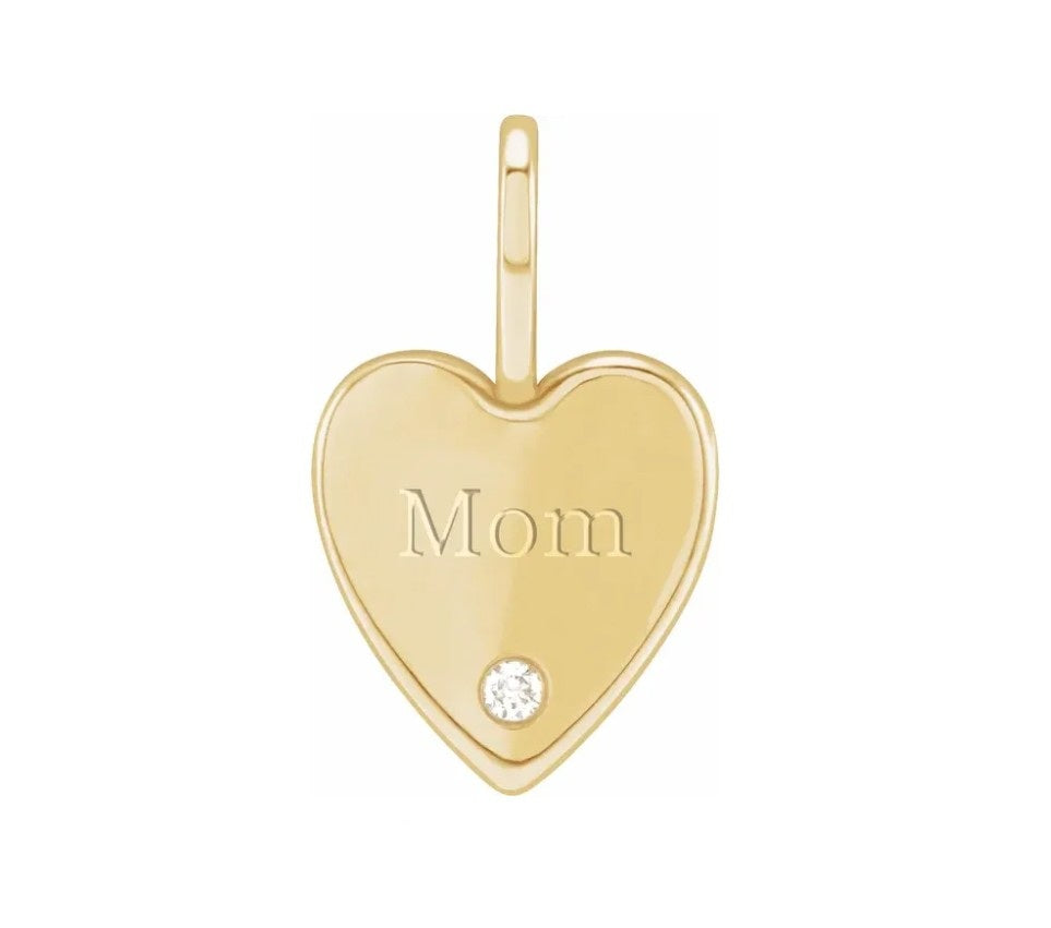 .02 CT Natural Diamond Engraved MOM Heart Charm/Pendant