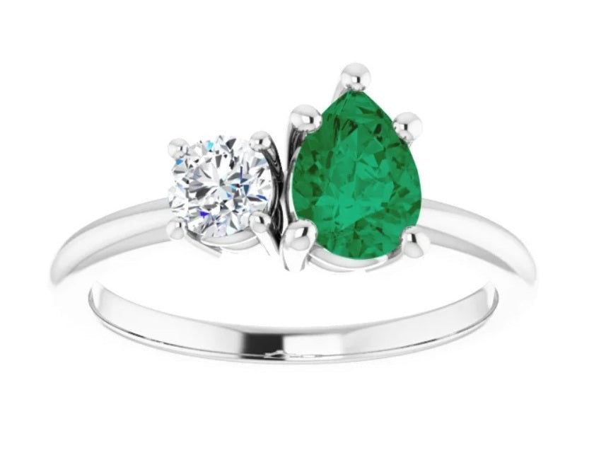 Pear Shape Emerald & Diamond You & Me (Toi Et Moi) Ring 14K