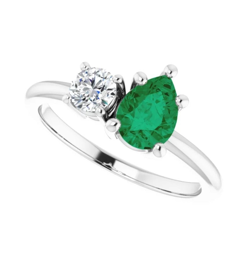 Pear Shape Emerald & Diamond You & Me (Toi Et Moi) Ring 14K