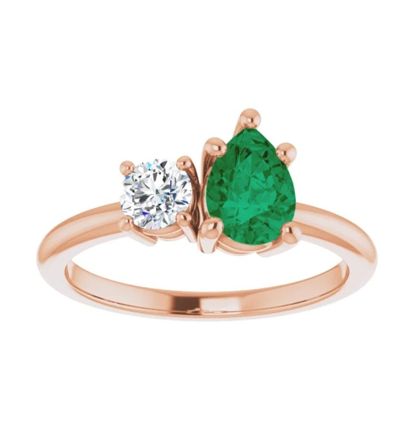 Pear Shape Emerald & Diamond You & Me (Toi Et Moi) Ring 14K