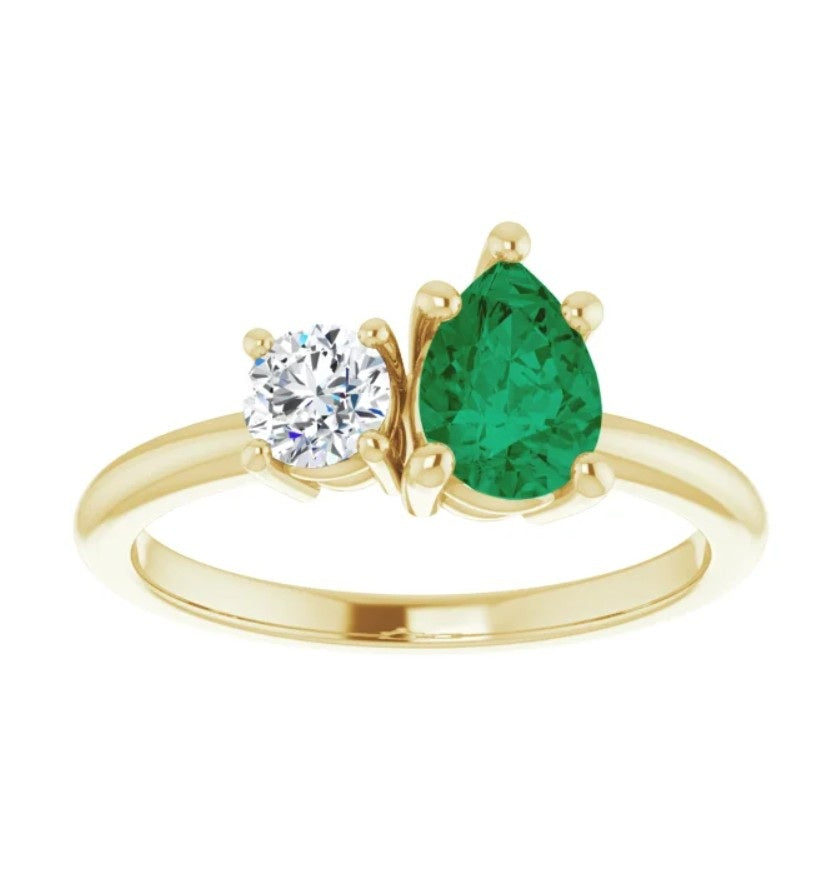 Pear Shape Emerald & Diamond You & Me (Toi Et Moi) Ring 14K