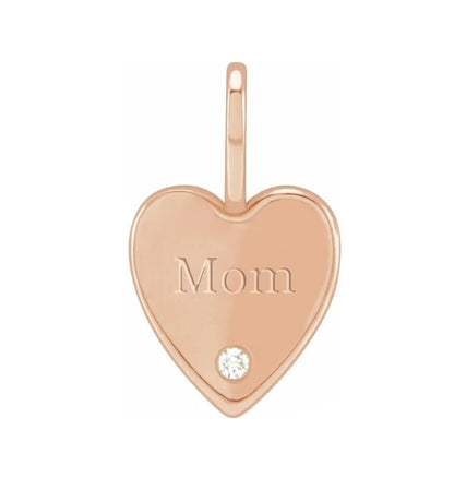 .02 CT Natural Diamond Engraved MOM Heart Charm/Pendant